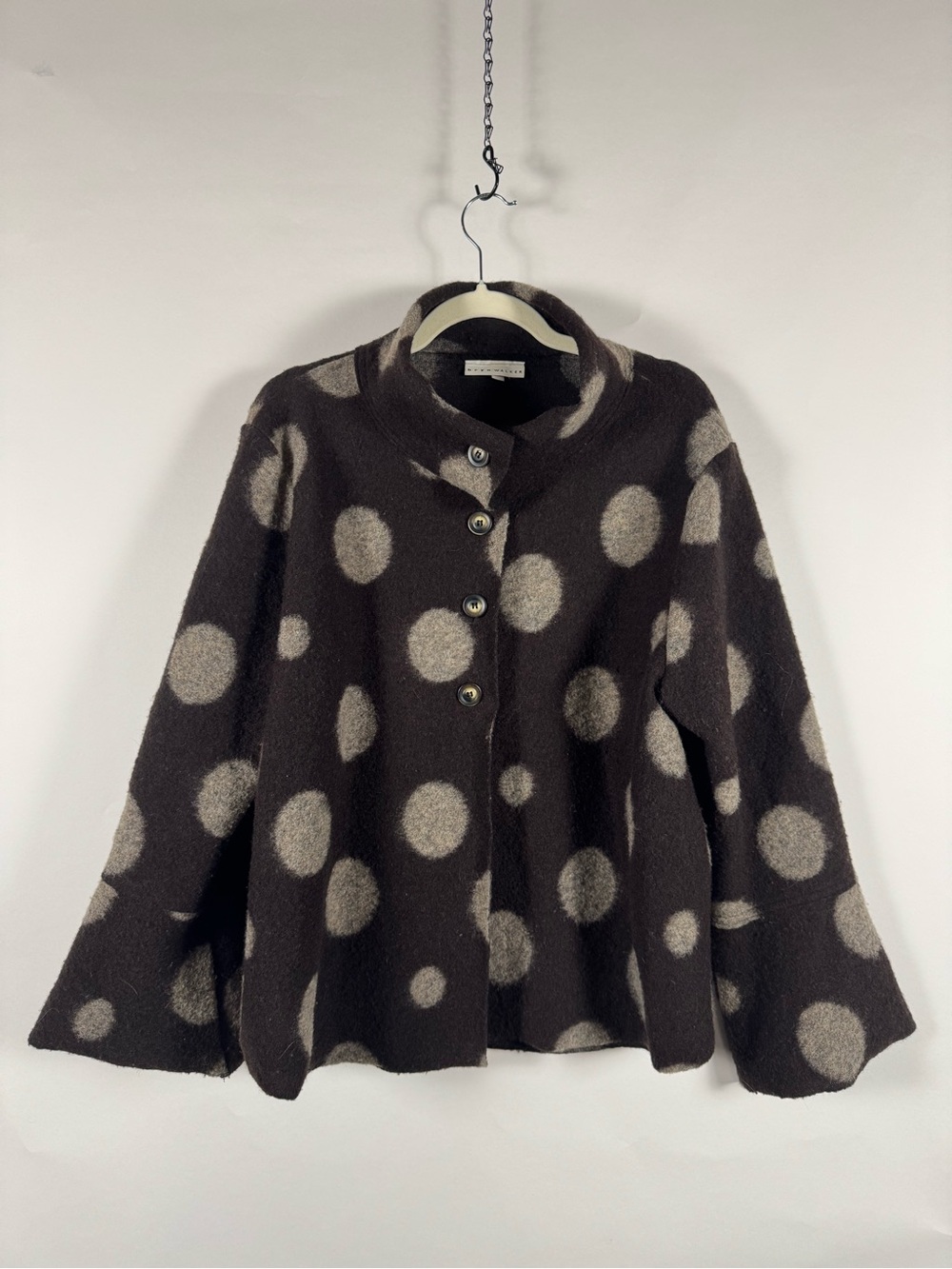 Bryn Walker Wool Polka Dot Swing Jacket Brown Med Made USA Lagenlook Oversized